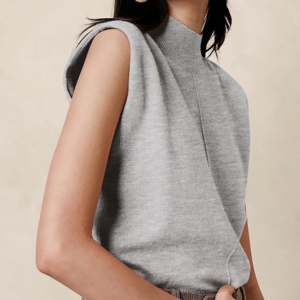 Sleeveless Mock Turtleneck Knit Sweater Vest Padded Shoulder